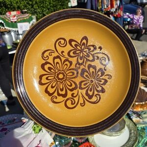 Vintage 70s Floral Ceramic Dinner Plate - Mustard Yellow with Brown Design